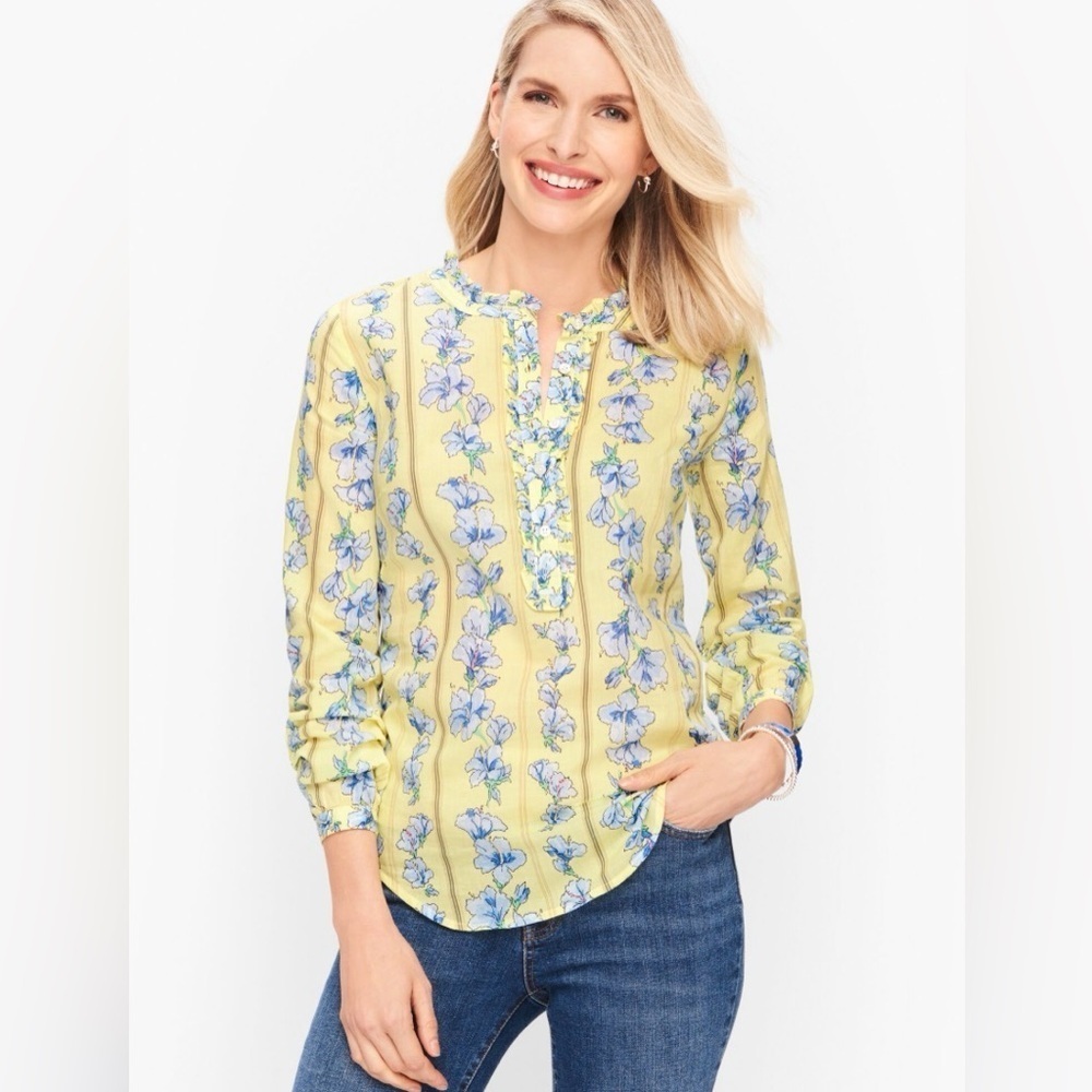 Talbots COTTON FEMININE POPOVER Blouse Size m SKIPPING FLORAL Pale Yellow Spring - Picture 9 of 9